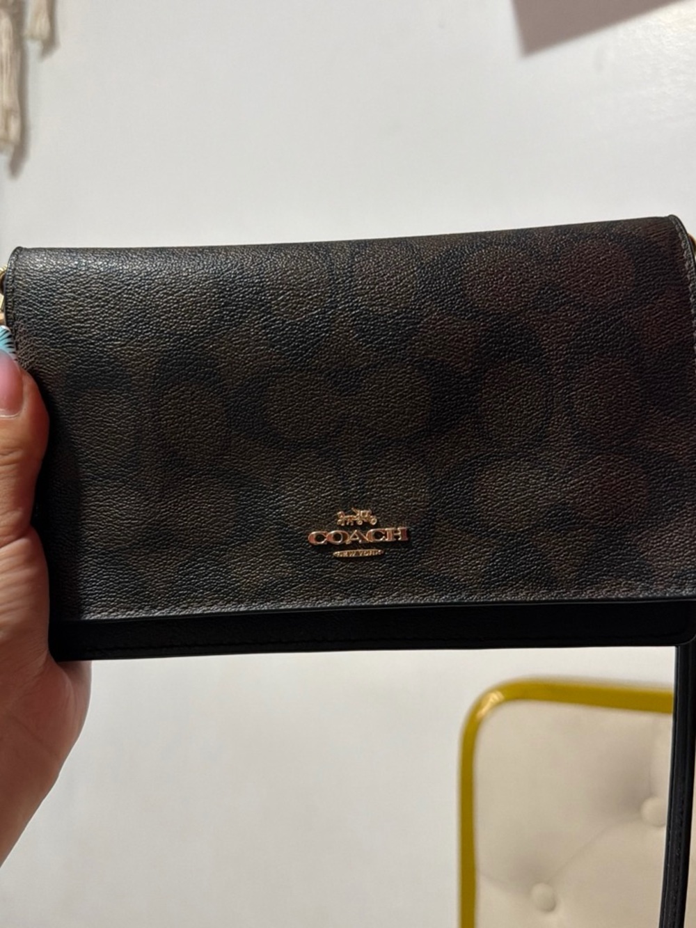 Coach Brown and Black Signature Crossbody Card Holder with Gold Logo